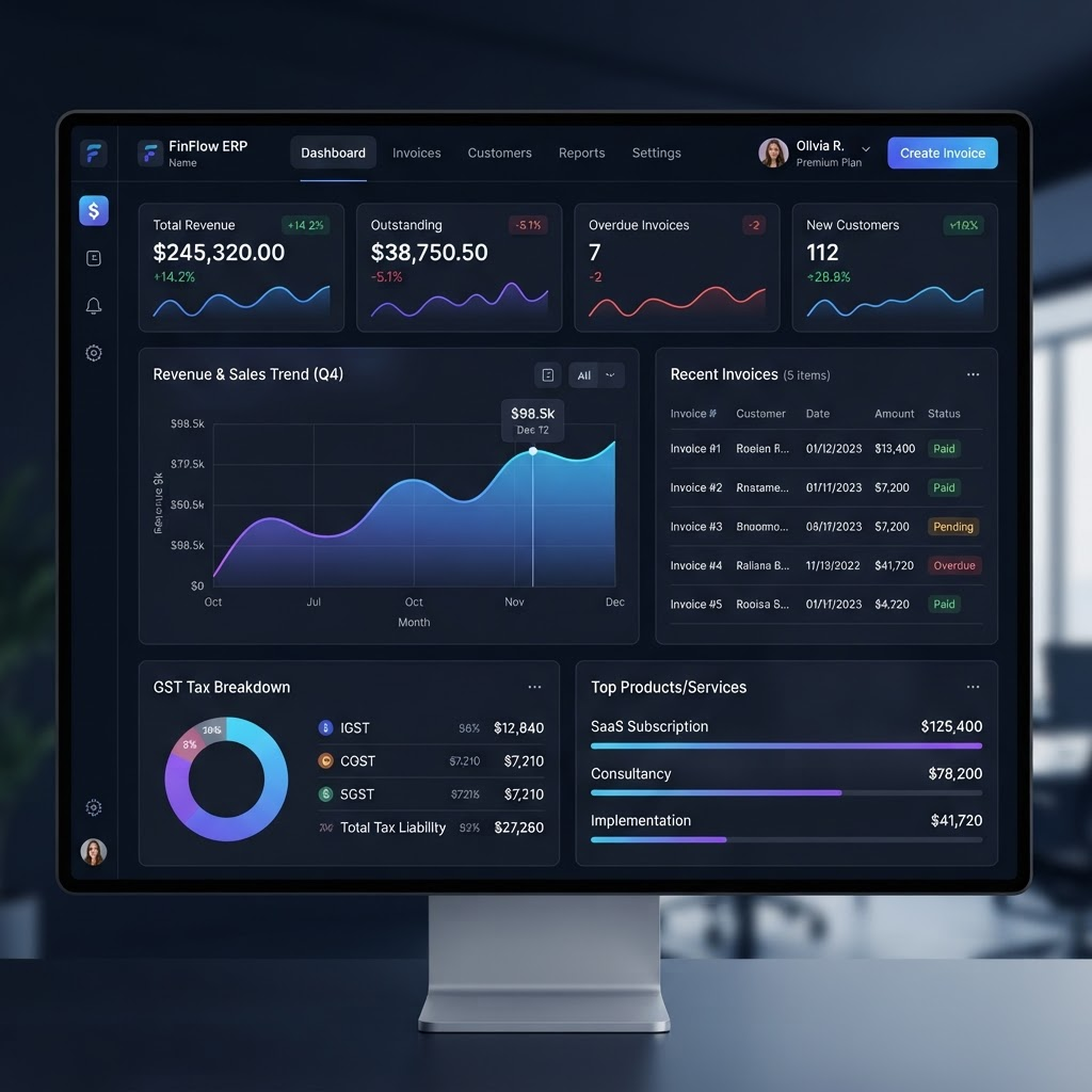 Total Solution ERP billing dashboard showing revenue charts and invoices